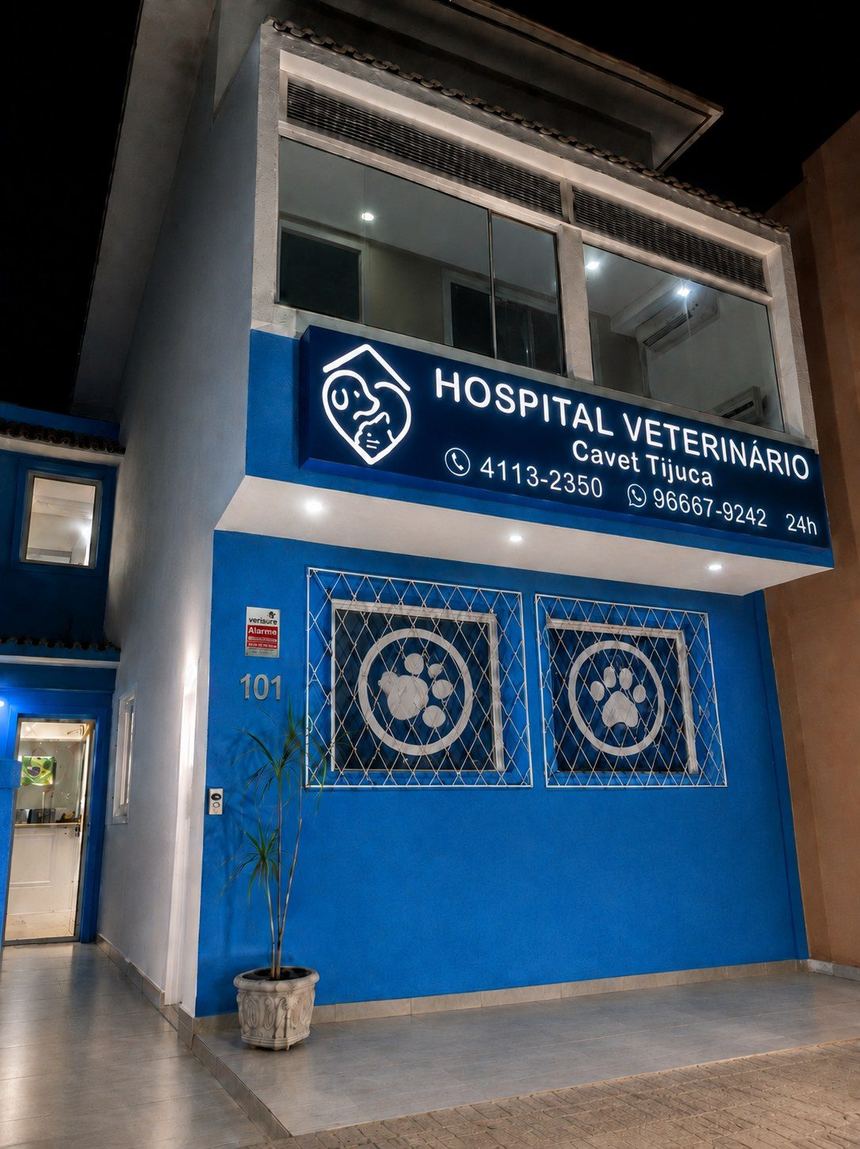 Fachada da Cavet à noite, hospital veterinário 24h aberto na Tijuca